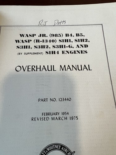 Pratt & Whitney Aircraft - Overhaul Manual (WASP JR & WASP) P/N: 123440