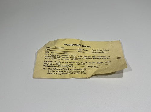 P/N: 642100-5 Continental Fuel Limiter (Alt P/N: 636202)