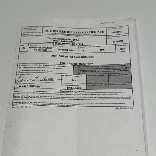 P/N: 96-610021-30 Beechcraft Hinge Elevator Tab Attach