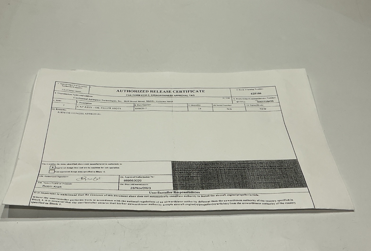 P/N: 640620-5 Continental Cap Oil with 8130 (NE) - for one