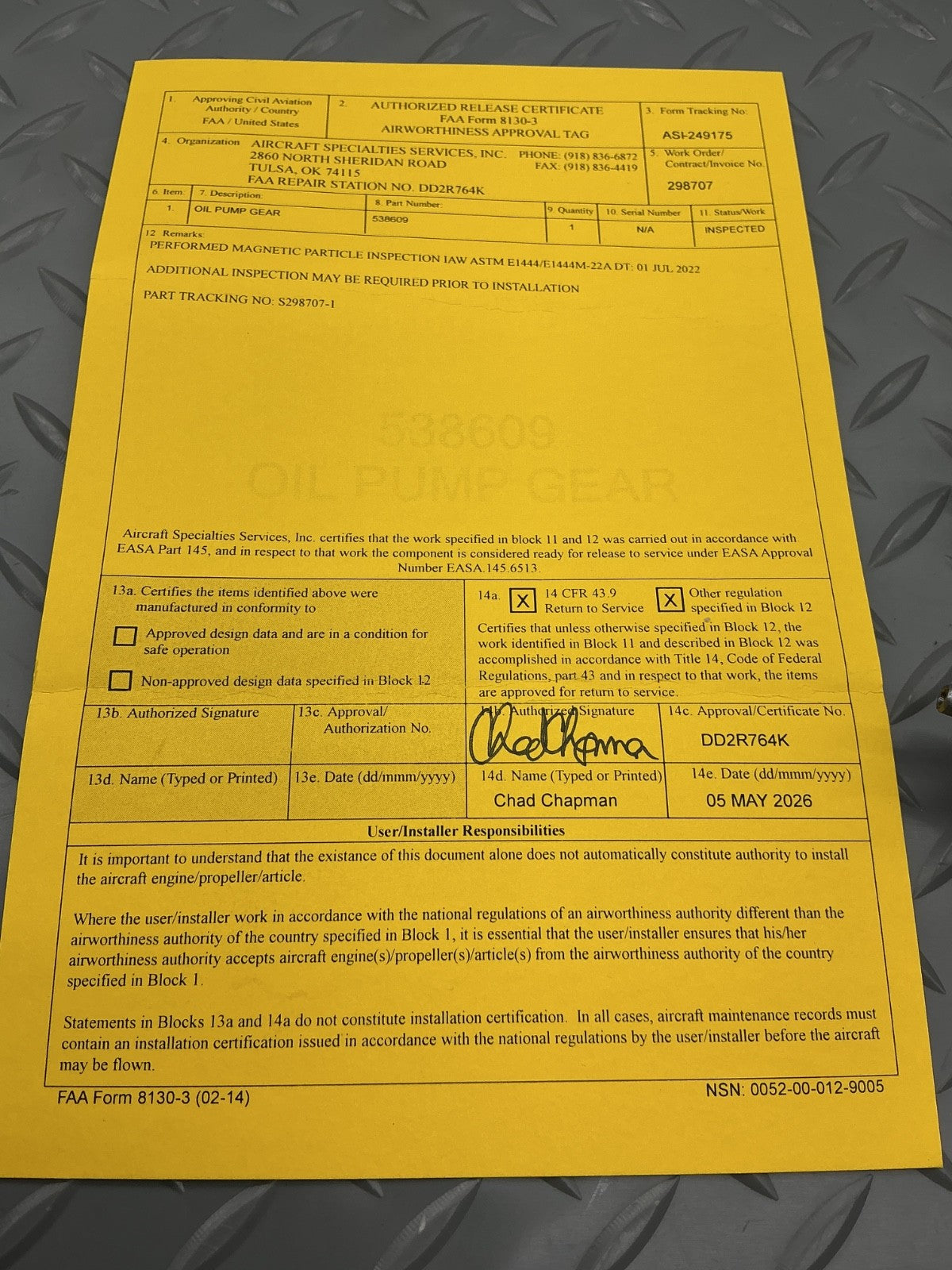 P/N: 538609 TCM OP Drive Shaft Gear Assy - Inspected with 8130