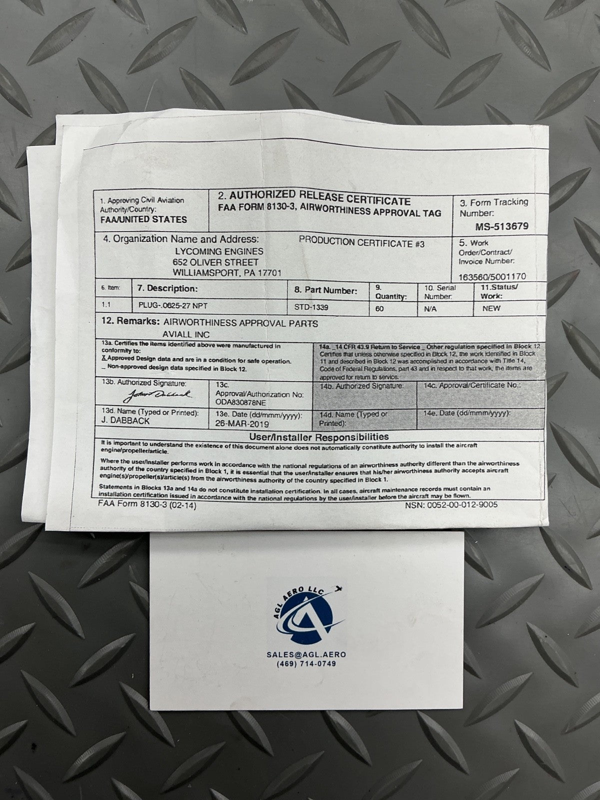 P/N: STD-1339 Lycoming Plug (NE)