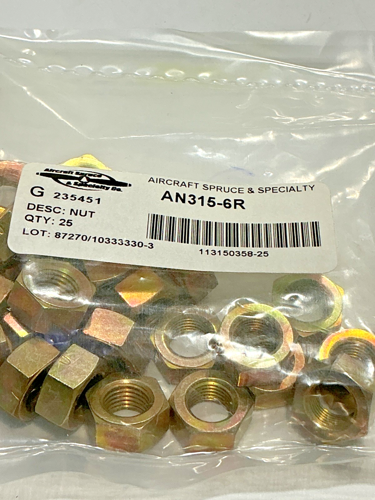 P/N: AN315-6R Continental Nut (NE) - set of 25