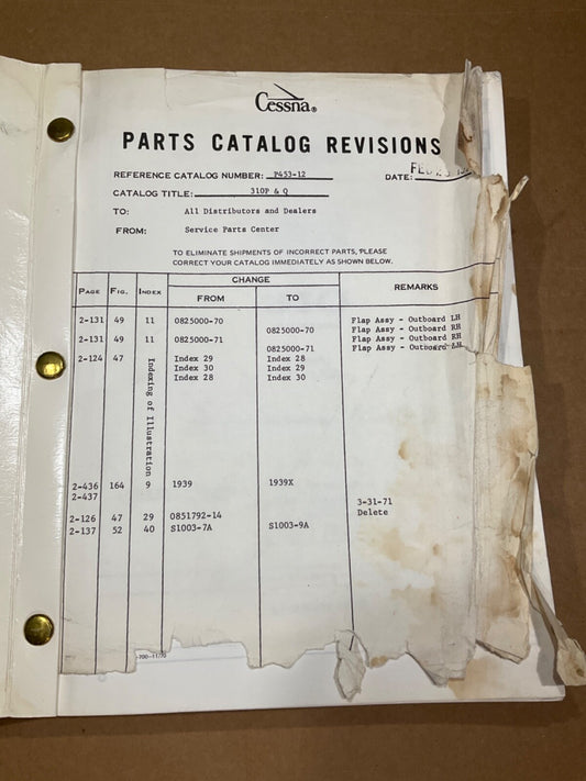 Parts Catalog Cessna 310 & 310 Turbo 1969-1971; December 1970