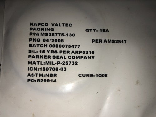 KAPCO / VALTEC / PARKER: O-Ring - Seal P/N: MS28775-138