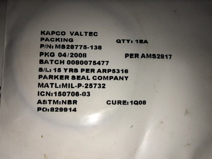 KAPCO / VALTEC / PARKER: O-Ring - Seal P/N: MS28775-138