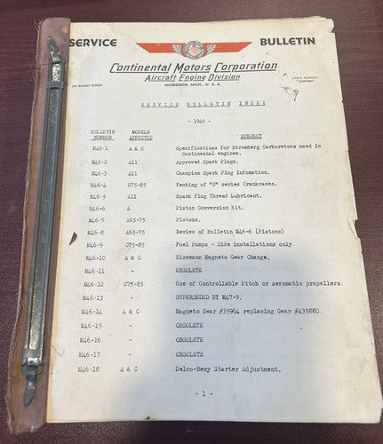 Continental Motors Corporation Aircraft Engine Division - Service Bulletin Index
