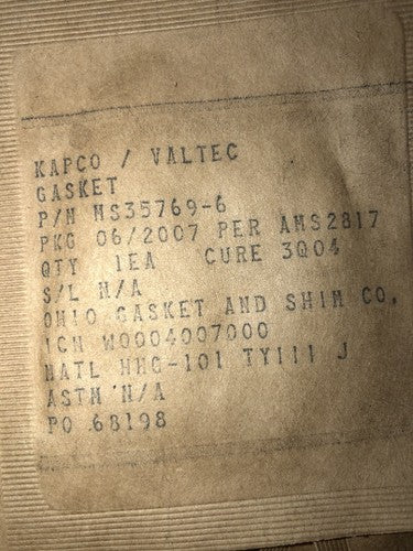 KAPCO / VALTEC - Gasket - Copper P/N:  MS35769-6