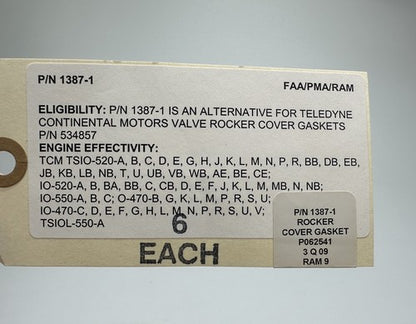 P/N: 1387-1 Continental Valve Cover Gasket (Alt P/N: SA534857 and 655528)