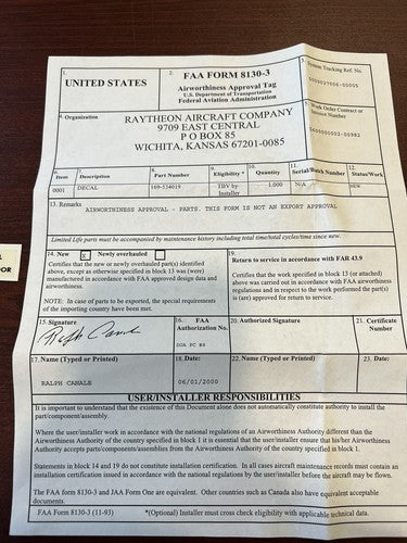 Textron: Decal (w/ Form 8130-3) P/N: 169-534019