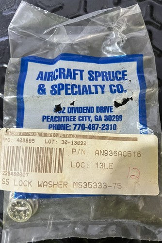 P/N: AN936AC516 Aircraft Lock Washer (9 Count) - Price is for one set of 9