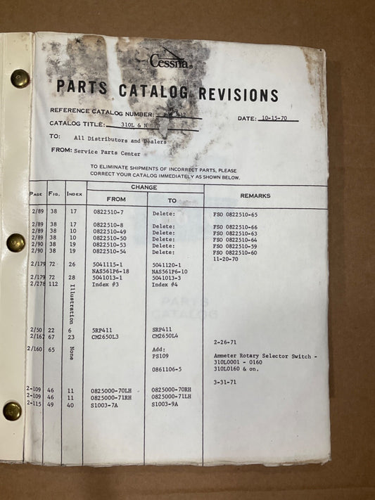 Parts Catalog Cessna 1967 310L & 1968 310N; November 1967 Printing