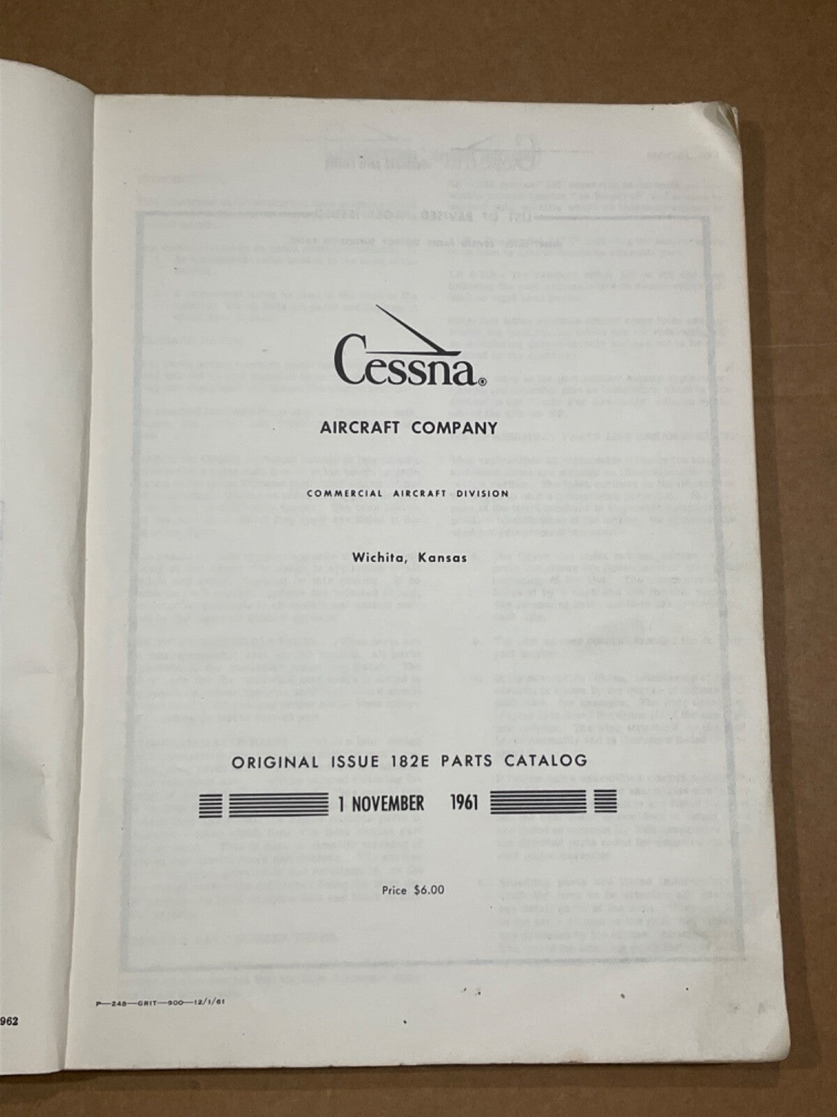 Parts Catalog Cessna Anniversary Model 182E and Skylane 1962 (November 1, 1961)