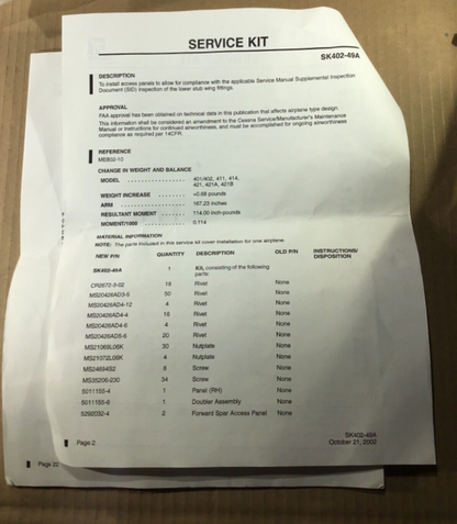 P/N: SK402-49A Cessna Wing Stub Install Kit with 8130-3
