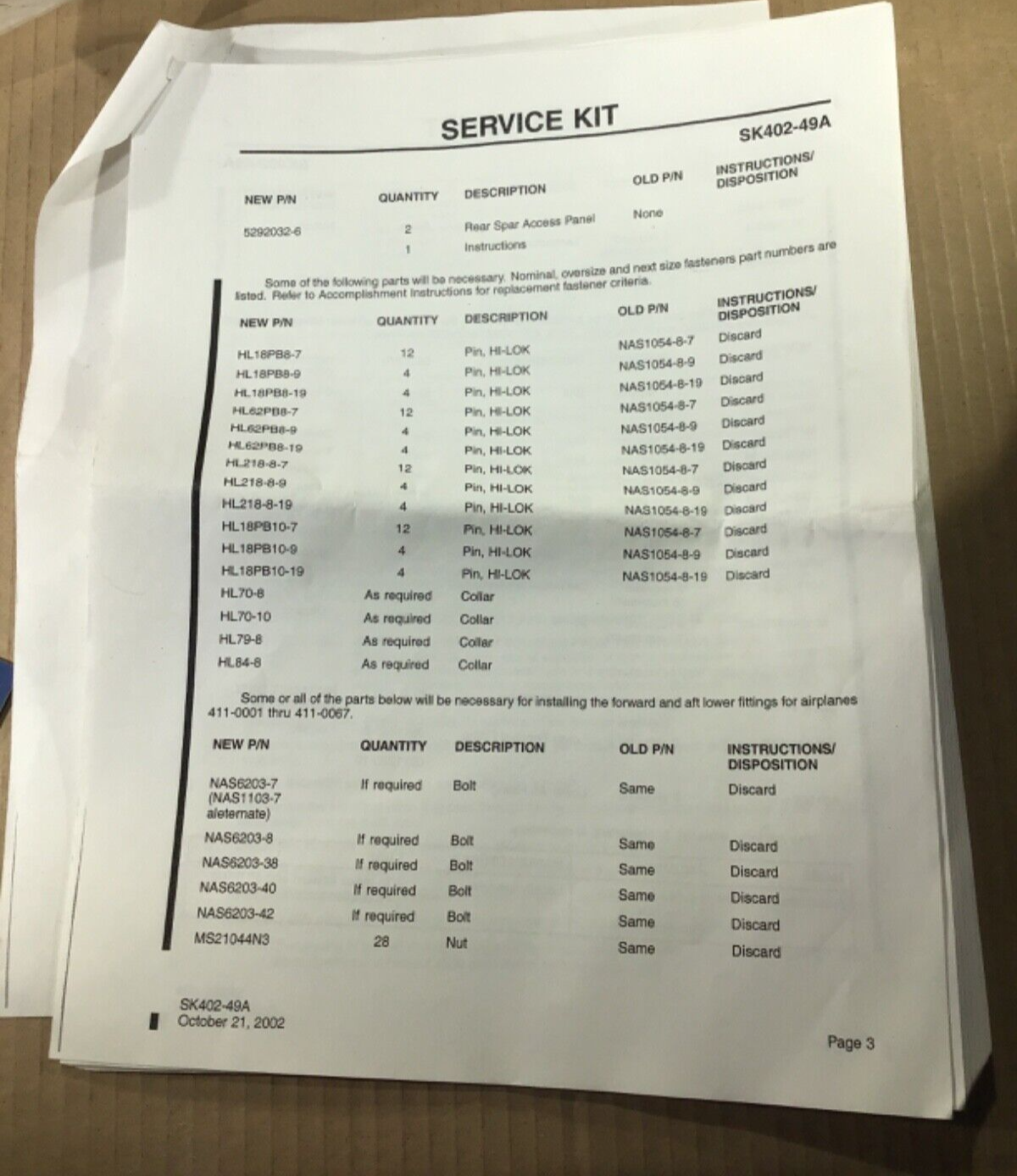 P/N: SK402-49A Cessna Wing Stub Install Kit with 8130-3
