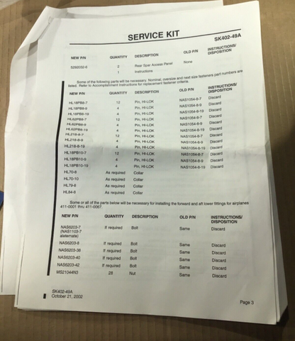 P/N: SK402-49A Cessna Wing Stub Install Kit with 8130-3