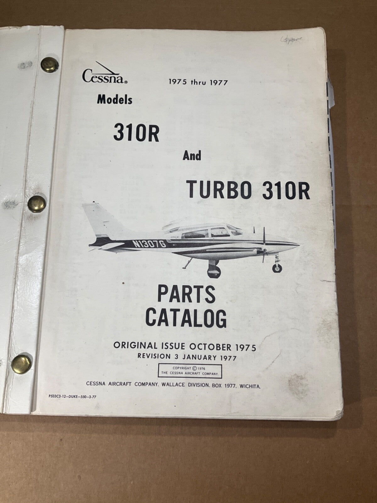P/N: Parts Catalog Cessna 310 & 310 Turbo 1975-1977; January 3, 1977 revision