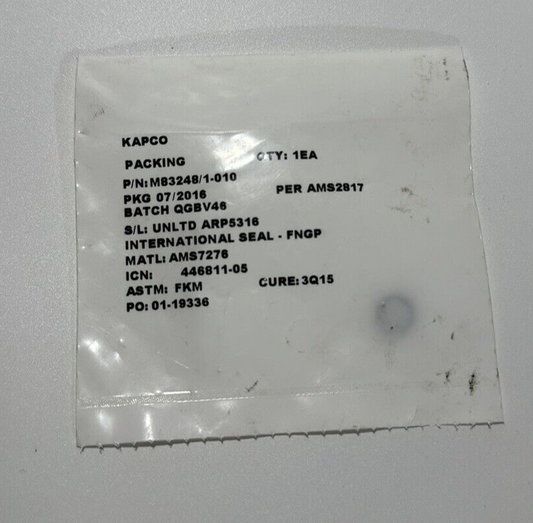 P/N: M83248/1-010 Military Standard Fluorocarbon Rubber O-Ring Packing
