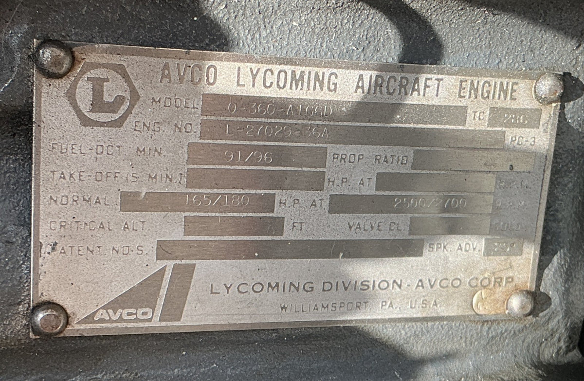P/N: Lycoming O-360-A1G6D engine S/N L-27029-36A from Beechcraft Duchess - LH