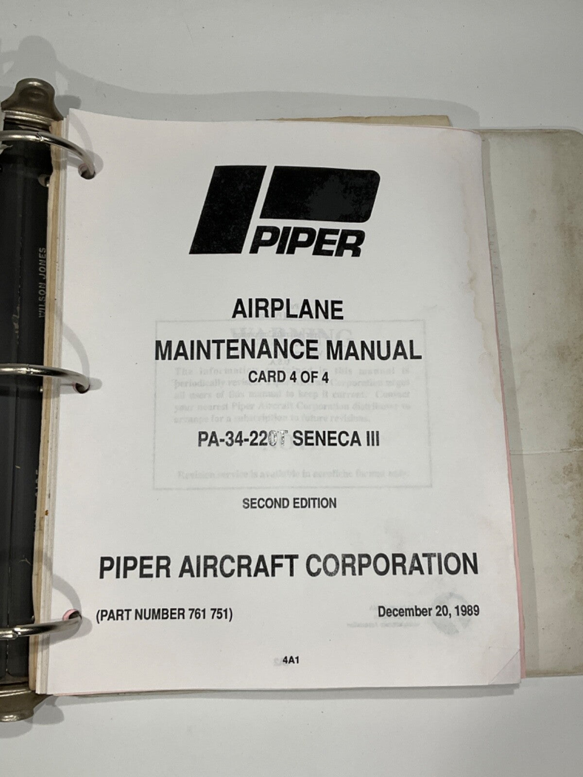 Piper PA-34-220T Seneca III Maintenance Manual Second Edition Cards 1-4