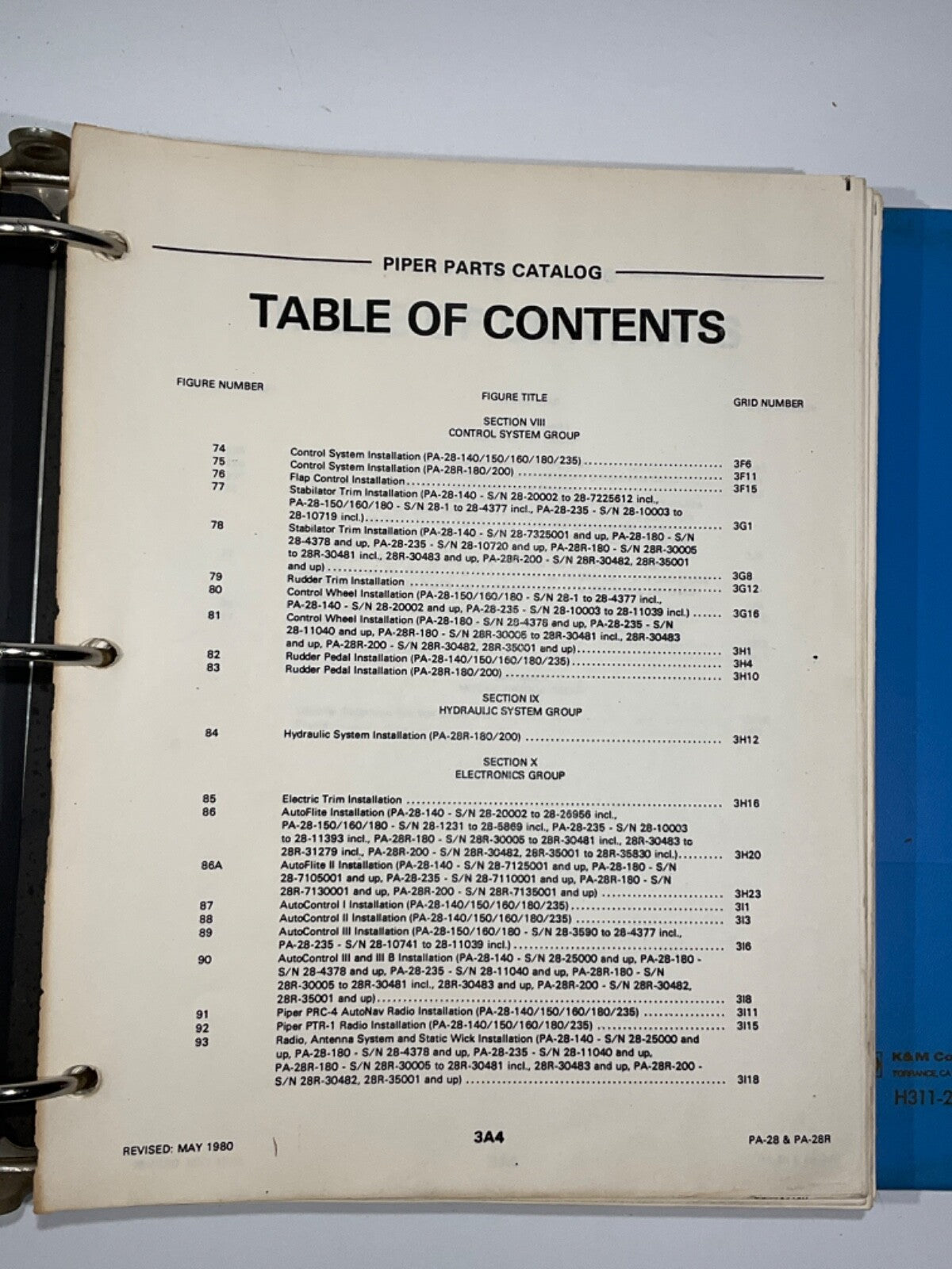 Piper PA-28 and PA-28R Cherokee Parts Catalog Card 3 of 4