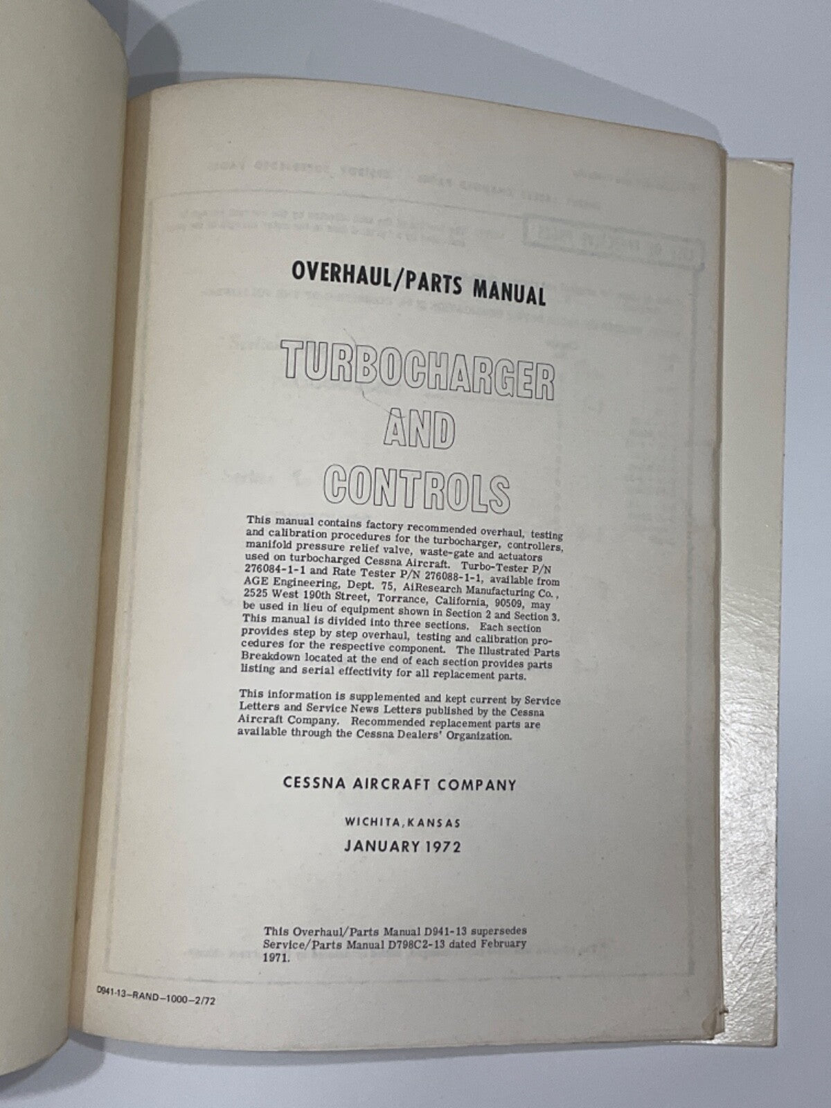 Cessna Turbocharger and Controls - Overhaul Parts Manual - January 1972