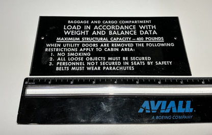 P/N: 36-530062 Beechcraft Placard - Baggage Cargo Compartment (NOS)