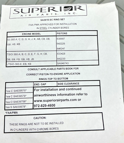 P/N: SA3610-SC Superior Single Cylinder Ring Set (NE)