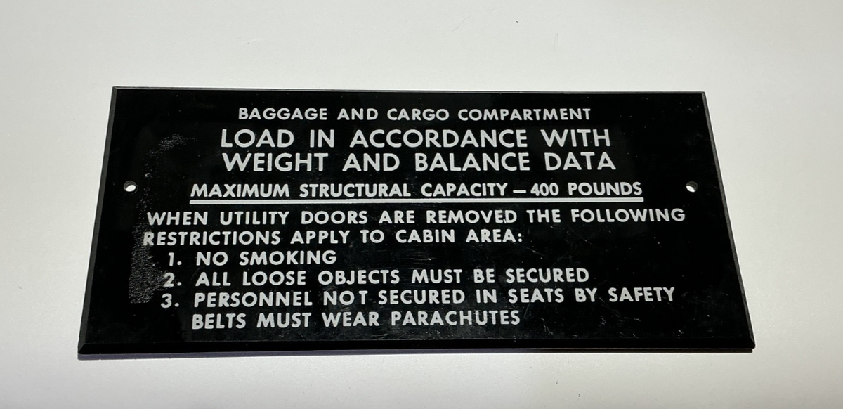 P/N: 36-530062 Beechcraft Placard - Baggage Cargo Compartment (NOS)