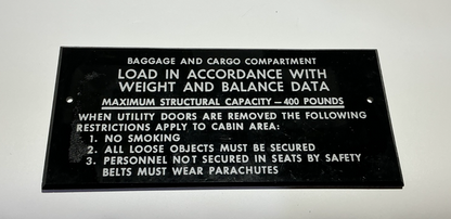 P/N: 36-530062 Beechcraft Placard - Baggage Cargo Compartment (NOS)
