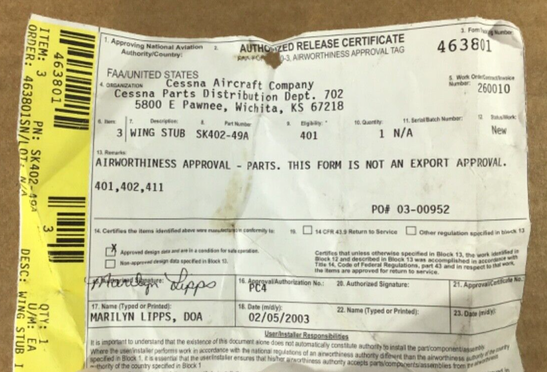 P/N: SK402-49A Cessna Wing Stub Install Kit with 8130-3