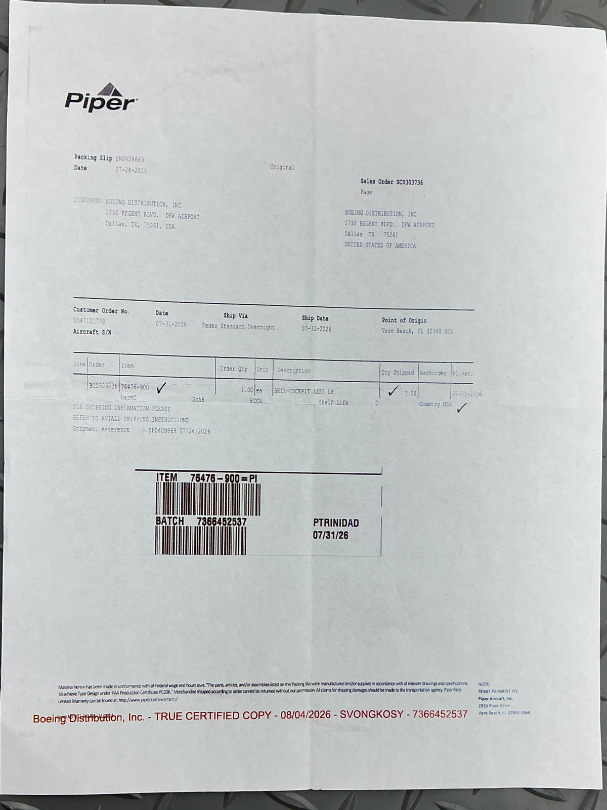 P/N: 76476-900 Piper Skin-Cockpit Assy LH (Slight Handling Damage) (NE w/ 8130)